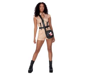 Smiffys Ghostbusters Hotpant Costume for Adults, Playsuit and Bag with Printed Logo, Beige, Officially Licensed with Buckle Detail, Perfect for Halloween and Stag or Hen Night Fancy Dress