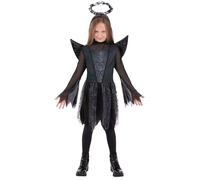 Smiffys Girls Dark Angel Halloween Costume Black Fallen Angel Dress with Wings and Halo Gothic Fancy Dress Outfit for Kids Trick or Treat Devil Fairy Demon Party Look, Age 7-9