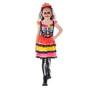 Smiffys Girls Day of the Dead Costume Colourful Skeleton Dress and Floral Headband Mexican Halloween Fancy Dress for Children Trick or Treat Carnival and Festival Outfits, Age 4-6