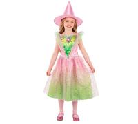 Smiffys Girls Good Witch Costume with Pink and Green Sparkly Dress and Matching Pointed Hat Kids Fancy Dress Outfit for Halloween Parties, Age 4-6