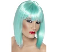 Smiffys Glam Wig, Neon Aqua Short, Blunt with Fringe, Ladies Glamour Wigs Fancy Dress, Adult Dress Up Wigs