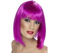 Short Neon Purple Ladies Blunt Glam Wig With Fringe - wig glam short neon fancy dress ladies purple blunt bob fringe accessory smiffys