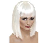 Smiffys Glam Wig, White Short, Blunt with Fringe, Ladies Glamour Wigs Fancy Dress, Adult Dress Up Wigs