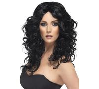 Women's Long Black Glamour Wig - wig glamour black long curly smiffys fancy dress ladies accessory
