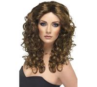 Smiffys Glamour Wig, Brown Long, Curly, Ladies Glamour Wigs Fancy Dress, Adult Dress Up Wigs