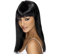 Smiffys Glamourama Wig, Black Long, Straight with Fringe, Ladies Glamour Wigs Fancy Dress, Adult Dress Up Wigs
