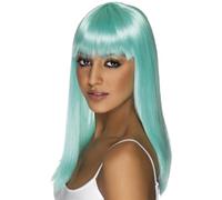 Smiffys Glamourama Wig, Neon Aqua Long, Straight with Fringe, Ladies Glamour Wigs Fancy Dress, Adult Dress Up Wigs
