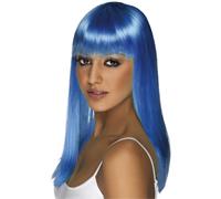 Smiffys Glamourama Wig, Neon Blue Long, Straight with Fringe, Ladies Glamour Wigs Fancy Dress, Adult Dress Up Wigs