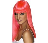 Smiffys Glamourama Wig, Neon Pink Long, Straight with Fringe, Ladies Glamour Wigs Fancy Dress, Adult Dress Up Wigs