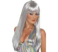 Smiffys Glitter Disco Wig, Silver Long Straight with Fringe, 1970's Disco Fancy Dress, Adult Dress Up Wigs