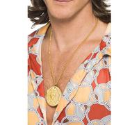 Smiffys Gold Metal Medallion On Chain, Gold , 1960's Groovy Fancy Dress, Adult Dress Up Jewellery