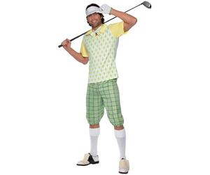 Smiffys Gone Golfing Costume, Retro Golfer Outfit with Green Visor, Check Shorts, Diamond Print Top, Bow Tie & Glove, 1970s Themed Fancy Dress, Adult Men's Novelty Dress Up Costume X-Large