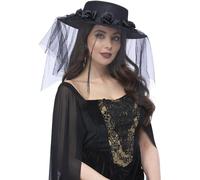 Smiffys Gothic Black Widow Funeral Hat with Roses & Veil, Halloween Fancy Dress Accessory, Black Widow Dress Up Hats