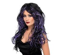 Smiffy's Women's Long Black And Purple Streaked Wig With Curls, One Size, - wig halloween gothic bride fancy dress ladies long purple witch costume