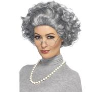 Granny Wig Glasses Necklace Set Old Lady Fancy Dress Adults Womens Costume Kit