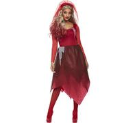 Smiffys Grave Yard Bride Costume, Red Dress & Veiled Headband, Halloween Adult Fancy Dress, Devil Dress Up Costumes