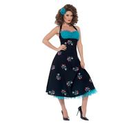 Smiffys Grease Cha Cha DiGregorio Costume in Black for Adults, Halterneck Dress and Hair Clip, Officially Licensed, Perfect for Matching Fancy Dress Events with Iconic Ruffle Detail