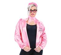 Smiffys Grease Pink Ladies Jacket & Accessories for Women, Official Licensed 1950s Fancy Dress Costume, Satin Jacket, Polka Dot Headband, Scarf, Sunglasses for Rock n Roll Parties, Halloween, Small