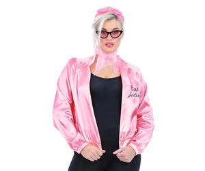 Smiffys Grease Pink Ladies Jacket & Accessories for Women, Official Licensed 1950s Fancy Dress Costume, Satin Jacket, Polka Dot Headband, Scarf, Sunglasses for Rock n Roll Parties, Halloween