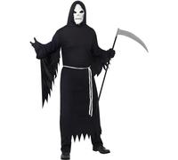 Smiffys Grim Reaper Costume, Black with Hooded Robe, Mask & Belt, Halloween Adult Fancy Dress, Adult Dress Up Costumes
