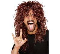 Mens Long Brown Curly 1980s Hard Rocker Wig