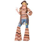 Smiffys Harmony Hippie Costume, Multi-Coloured with Top, Flares and Waistcoat, 1970's Disco Fancy Dress, Adult Dress Up Costumes