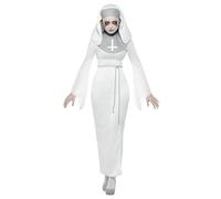 Smiffys Haunted Asylum Nun Costume, White with Dress, Belt & Headpiece, Halloween Adult Fancy Dress, Nun Dress Up Costumes
