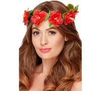 Smiffys Hawaiian Flower Crown, Red with Ribbon, Hawaiian Luau Fancy Dress, Hawaiian Dress Up Accessories