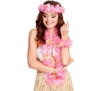Smiffys Hawaiian Set Pink, Pink with Garland, Headband and Wristband, Hawaiian Luau Fancy Dress, Hawaiian Dress Up Accessories