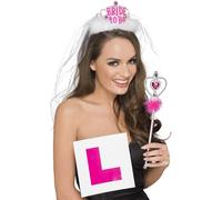 Smiffys Hen Party Kit, Pink & White with Bride to Be Tiara & Veil, L Plate Badge & Wan, Hen & Stag Night Fancy Dress, Hen Party Dress Up Hen & stag / adult items