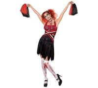 Smiffys High School Horror Cheerleader Costume, Red & Blac with Dress & Pom Poms, Halloween Zombie Alley Fancy Dress, Zombie Dress Up Costumes