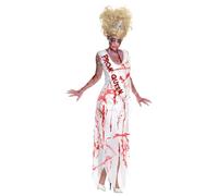Smiffys High School Horror Prom Queen Costume, White with Dress & Attached Sash, Halloween Zombie Alley Fancy Dress