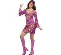 Smiffys Hippie Chick Costume, Multi-Coloured with Dress, Headscarf & Medallion, 1960's Groovy Fancy Dress, Adult Dress Up Costumes