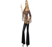 Smiffys Hippie Costume, Female, Black with Patterned Top and Flared Trousers, 1960's Groovy Fancy Dress, 1960s Dress Up Costumes