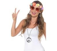 Smiffys Hippie Festival Kit, Multi-Coloured Flower Headband, Glasses, Medallion & Earrings, 1960's Groovy Fancy Dress, Adult Dress Up Accessories