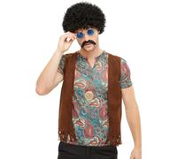 Smiffys Hippie Instant Kit, Multi-Coloured with Wig, Glasses, Tash and Necklace, 1970's Disco Fancy Dress, Adult Dress Up Accessories