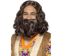 Smiffys Hippie/Jesus Wig & Beard Set, Brown , 1960's Groovy Fancy Dress, Adult Dress Up Wigs