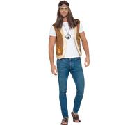 Smiffys Hippie Waistcoat, Unisex, Brown with CND Print & Fur Trim, 1960's Groovy Fancy Dress, Adult Dress Up Accessories
