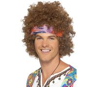 Smiffys Hippy Afro with Headscarf and Peace Sign Necklace - Brown