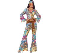 Smiffys Hippy Flower Power Costume, Multi-Coloured with Top, Trousers, Headband and Belt, 1960's Groovy Fancy Dress, Adult Dress Up Costumes