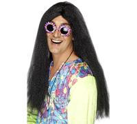 Smiffys Hippy Wig, Black Long with Centre Parting, 1960's Groovy Fancy Dress, Adult Dress Up Wigs Halloween