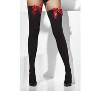 Black & Red Opaque Hold Ups - black stockings fancy dress ladies red bows hold ups sexy womens opaque