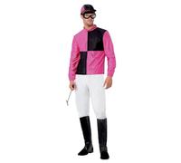 Smiffys Jockey Fancy Dress Costume - Pink & Black Horse Racing Outfit with Top, Trousers, Boot Covers, Hat & Goggles - Adult Rider Silks Costume for Race Day & Themed Parties