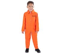 Smiffys Kids Escaped Prisoner Costume Orange Boiler Suit Unisex Fancy Dress Outfit for Halloween Trick or Treat and Themed Parties, Age 4-6