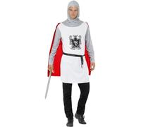 Smiffys Knight Costume, Economy, White, L - Size 42inches-44inches | Features a chainmail effect hood, a white tabard top with bold heraldic crest and an attached red cape for themed events