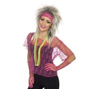 Smiffys Lace Net Vest, Gloves & Headband, Neon Pink , 1980's Fancy Dress, 1980s Dress Up Accessories