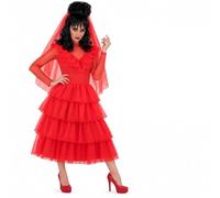 Smiffys Ladies Beetlejuice Lydia Bride Costume Dress & Wig Set Size S-L | Official Lydia Bride costume with red tiered tulle dress, matching veil and black character wig for a gothic bridal look.