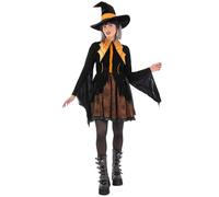 Smiffys Ladies Orange Cosplay Spider Witch Costume with Dress and Hat Women’s Halloween Fancy Dress Outfit Gothic Witch Style, Small