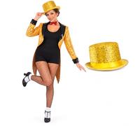 Smiffys Ladies Rocky Horror Columbia Tailcoat Hat & Bow Tie Set Size S-L | Official Columbia costume with gold sequin tailcoat, metallic gold top hat and red sequin bow tie.