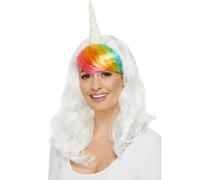 Smiffys Ladies Unicorn Wig with Rainbow Fringe, Fairytale, Wings and Wands Fancy Fancy Dress, Unicorn Dress Up Wigs